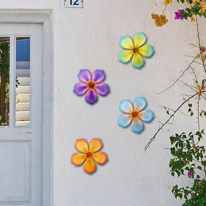 Giyyomtr Metal Flowers Wall Decor - 4pcs Metal Flower Wall Art Hanging Decorations for Outdoor Fence Garden Yard Patio Exterior Wall Decor