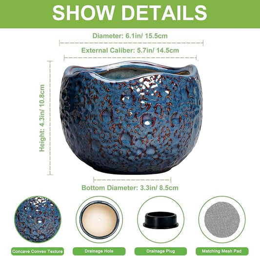 6 Inch Plant Pot - Ceramic Pots for Plants with Drainage Hole, Round Orchid Pot, Unique Planter for Indoor Outdoor, Modern Decorative Flower Pots, Room Decor, Plant Lovers Gifts, Retro Blue