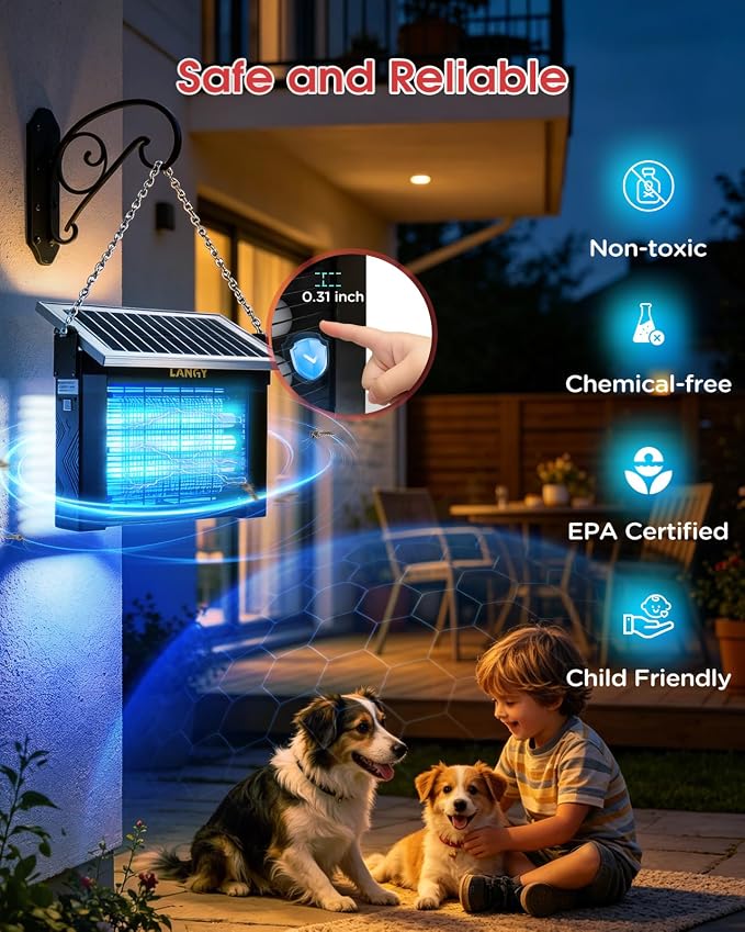 LANGY Solar Bug Zapper Outdoor, Upgrade 3-Tube 365nm Solar Mosquito Zapper Outdoor, 5000mAh Rechargeable 4500V Electric Fly Zapper Mosquitos Trap w 16.4ft Cord Auto On/Off for Yard Patio Camping
