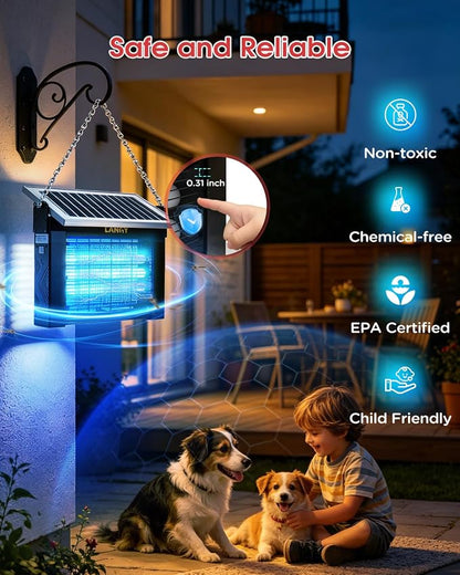 LANGY Solar Bug Zapper Outdoor, Upgrade 3-Tube 365nm Solar Mosquito Zapper Outdoor, 5000mAh Rechargeable 4500V Electric Fly Zapper Mosquitos Trap w 16.4ft Cord Auto On/Off for Yard Patio Camping