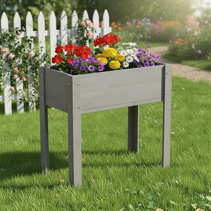Raised Garden Bed with Legs Elevated Wooden Planter Box for Backyard Patio Balcony Deep Grow Box for Vegetables Flowers Fruits & Herbs (Grey, 31x31x16in)