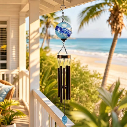 MUMTOP Solar Wind Chime for Outsides, 35" Glass Windchimes with Solar LED Lights Decorative Hanging Wind Bell for Porch Patio and Garden Decor, Blue
