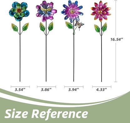 Calenzana Metal Flower Garden Stakes for Outside, 4 Pack Flower Garden Decor with Shaking Head for Yard Porch Lawn Pathway, Multi-Color