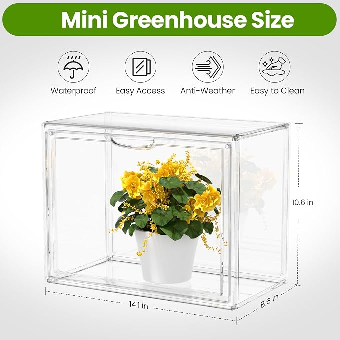 BOHOIDEE 14.1"X10.6"X8.6" Mini Greenhouse for Indoor, Clear Portable Tabletop Green House with Magnetic Door for Small Plants Nursery Germination and Display(1, Medium-A)