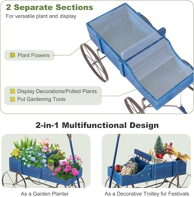 Wooden Wagon Planter, Decorative Flower Pots w/ 2 Planting Sections, Wheels & Handle, Rustic Farmhouse Garden Planter Box for Patio, Yard, Porch (Blue)