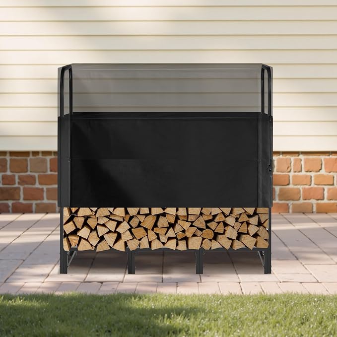 VEVOR Firewood Rack with Waterproof Cover, 4 ft Outdoor Firewood Holder, 1/4 Cord Storage Metal Log Holder, 400lb Max Weight Capacity, Top Covered, Powder-Coated Wood Storage Rack for Fireplace Deck