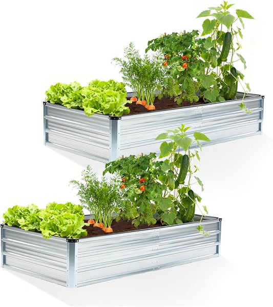 NEWBULIG Galvanized Raised Garden Bed Kit, 6x3x1ft 2 Pack Outdoor Metal Planters Box, Rectangular Raised Flower Beds for Planting Vegetables Flowers Herbs, Open Bottom, Easy Assembly, Silver