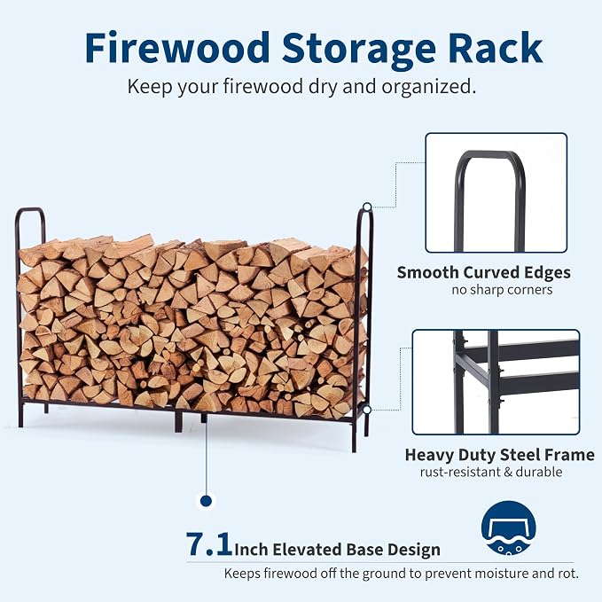 DUMOS 8FT Heavy Duty Firewood Storage Rack, Heavy Duty Firewood Log Racks with Cover and Zipper, Outdoor Fire Wood Racks Storage Logs Rack and Cover Set for Farm, Garden, Patio, Black