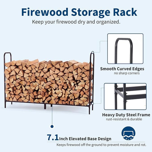 DUMOS 8FT Heavy Duty Firewood Storage Rack, Heavy Duty Firewood Log Racks with Cover and Zipper, Outdoor Fire Wood Racks Storage Logs Rack and Cover Set for Farm, Garden, Patio, Black