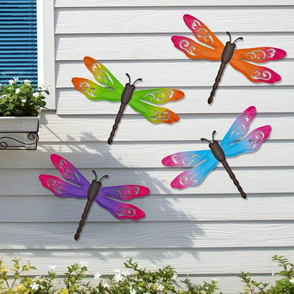 Outdoor Dragonfly Wall Decor, 4 Pcs 14.5‘’ Metal Dragonfly Wall Art Hanging Sculpture Decorations for Outside Yard Patio Fence Garden Exterior Decor