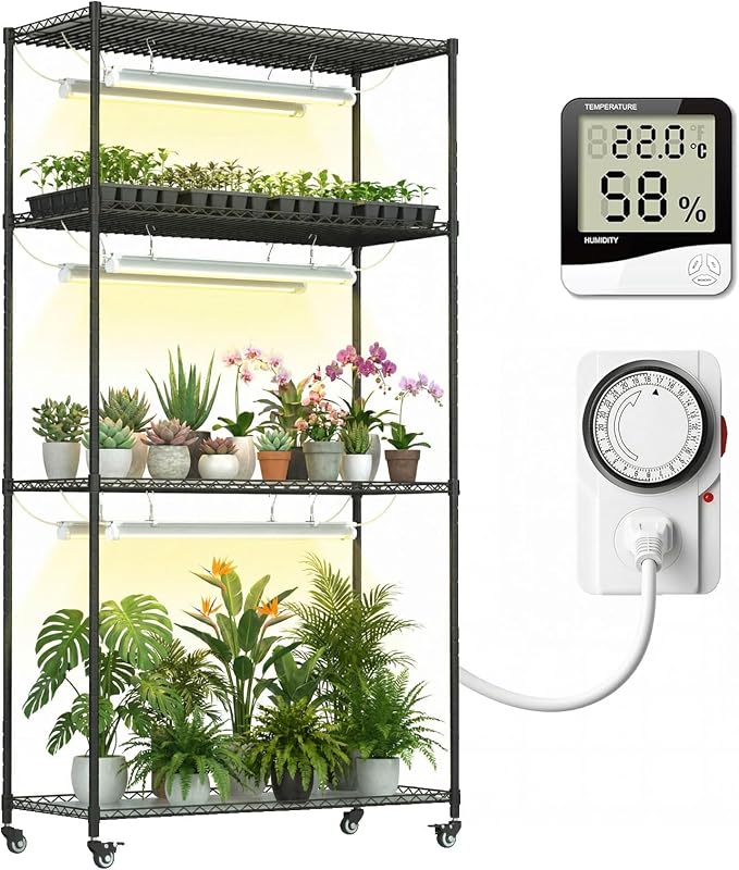 Plant Stand with Grow Lights, Indoor Plant Shelf with Wheels | 36"x14"x63" sturdy Metal Plant Shelving, 6 full-spectrum Grow Light, Timer, Thermometer for herbs, seed starting, propagation