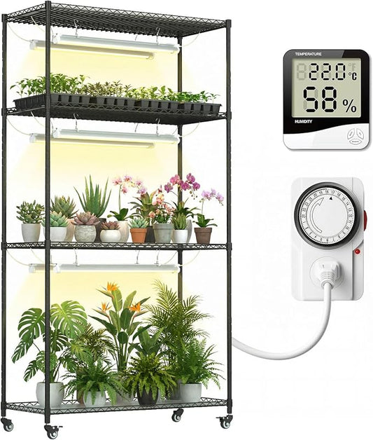 Plant Stand with Grow Lights, Indoor Plant Shelf with Wheels | 36"x14"x63" sturdy Metal Plant Shelving, 6 full-spectrum Grow Light, Timer, Thermometer for herbs, seed starting, propagation