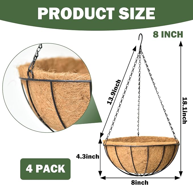 4 Pack 8 Inch Hanging Baskets for Plants Outdoor Metal Hanging Planter Basket with Coco Coir Liner Hanging Flower Baskets Hangings Flower Pots Holder for Garden, Patio(Watermelon)