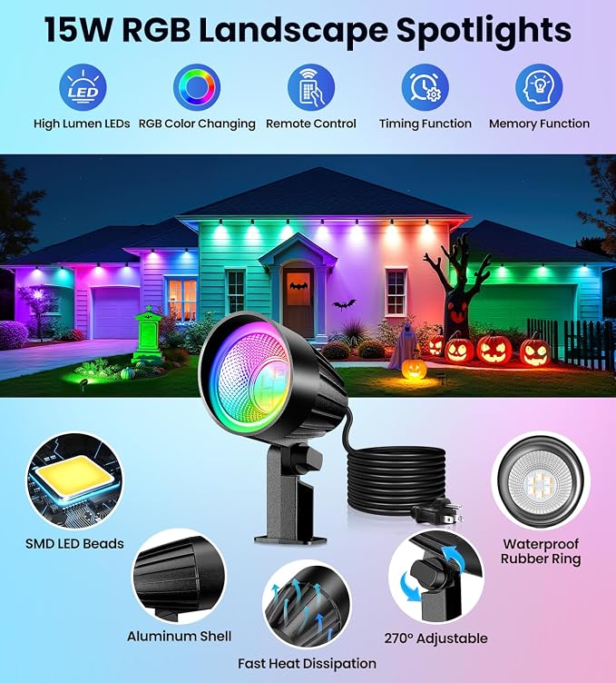 MEIKEE 15W RGB Landscape Lights 120V Outdoor Spotlights with Remote | IP66 Waterproof Color Changing Outdoor Landscape Lighting with 4.9ft Cord for Garden Path Yard Tree Patio Decor 4 Pack