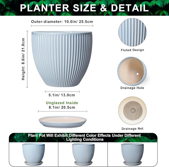 10 Inch Pots for Plants, Ceramic Plant Pots with Drainage Hole and Saucer, Modern Flower Pots for Indoor Plants, Decorative Large Planter, Entryway Decor, Gardening Gifts, Light Blue