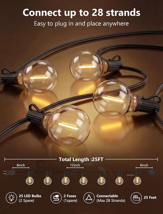LED Outdoor String Lights, 25Ft G40 Globe Patio String Light Waterproof with 27 LED Warm White Bulbs, Hanging Outdoor Lights for Backyard Garden Porch Bistro Wedding Party Holiday Decor, Black Wire