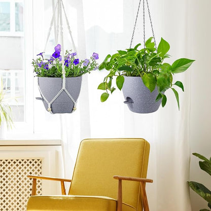 Meowell Self Watering Hanging Planters 10 inch, 2 Pack Hanging Flower Pots for Indoor Outdoor Plants, Hanging Baskets with Drainage Holes & 2 Kinds of Plant Hangers for Garden Decor, Speckled Grey