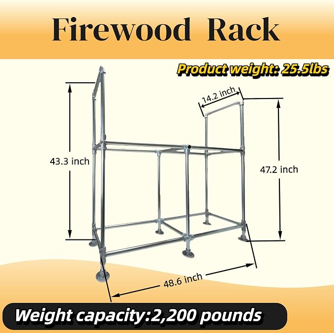 4ft Heavy Duty Firewood Rack with Dual-Tier Structural Design | Constructed with Galvanized Steel Pipes and Featuring a Firewood Rack Cover,Load-bearing Capacity 2,200 lbs,Indoor/Outdoor