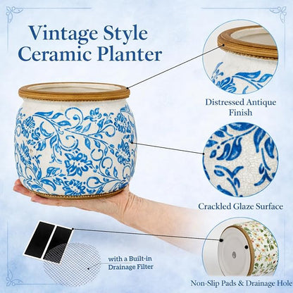 Vintage Ceramic Flower Pot - Indoor Outdoor Planters with Drainage Holes & Filter Screen, 6.5’’ Small Rustic Farmhouse Decorative Plant Pots for Garden/Patio/Balcony (Blue Vines, Small)