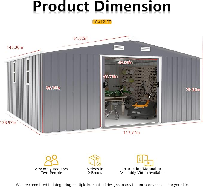 10x12 FT Outdoor Storage Shed Metal Garden Tool Shed with 2 Windows,Waterproof Tool Shed W/Sliding Door & Vents,for Bike Storage,Dark Gray