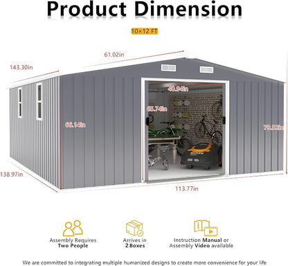 10x12 FT Outdoor Storage Shed Metal Garden Tool Shed with 2 Windows,Waterproof Tool Shed W/Sliding Door & Vents,for Bike Storage,Dark Gray