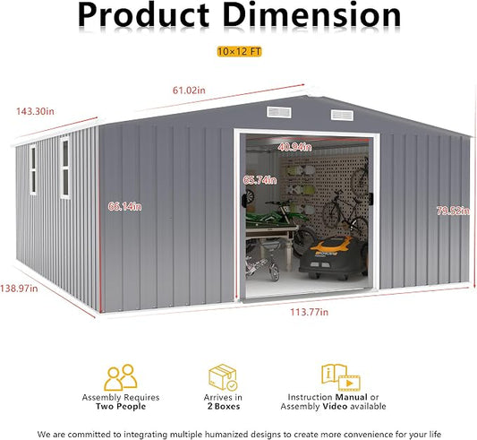 10x12 FT Outdoor Storage Shed Metal Garden Tool Shed with 2 Windows,Waterproof Tool Shed W/Sliding Door & Vents,for Bike Storage,Dark Gray