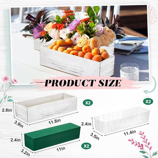 Dandat 2 Set Wood Boxes for Centerpieces 12x4 Inch Rectangle Wooden Planter Box Rustic Wooden Planters with Removable Plastic Liner Floral Foam Blocks for Christmas Wedding Home Garden Decor(White)