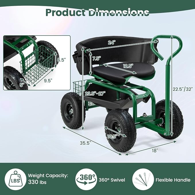 ERGOMASTER Rolling Garden Seat with Wheels, Adjustable 360° Swivel Workseat and Storage Basket, Extendable Handle, Outdoor Gardening Wagon Scooter, Green