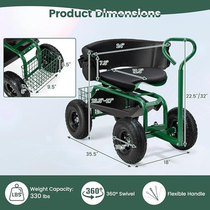 ERGOMASTER Rolling Garden Seat with Wheels, Adjustable 360° Swivel Workseat and Storage Basket, Extendable Handle, Outdoor Gardening Wagon Scooter, Green
