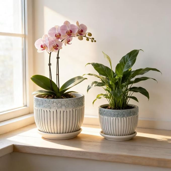 Vintage Flower Pots for Indoor Plant, Round Ceramic Plant Pots with Drainage Holes and Saucers, 6.7/5.2/3.9 Inches Retro Flower Planters Set of 3