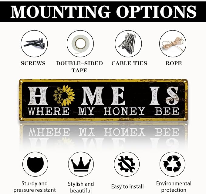 Garden Metal Tin Sign Bee Decor, Vintage Farmhouse Wall Art, Home Is Where My Honey Bee Sign, for Yard Fence Porch, Rustic Outdoor Garden Decoration, Ideal for Honey Lovers, 15.7 x 3.9 Inches