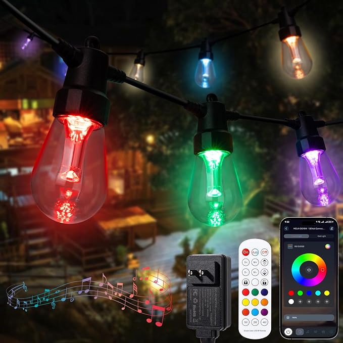 Outdoor String Lights Waterproof Patio Lights 104FT (2x52FT) 40 RGBW Dimmable LED Bulbs, APP & Remote Control, Shatterproof Hanging Color Changing Lights for Outside Backyard Party Porch Balcony