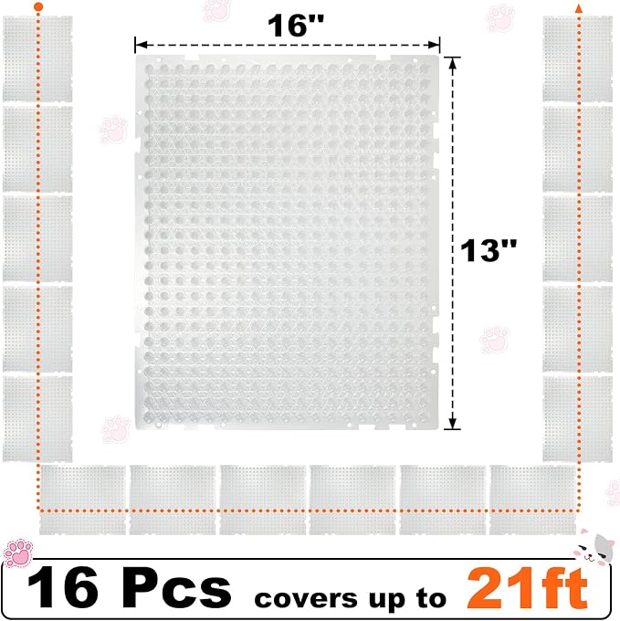 16 Pack Cat Repellent Outdoor Mat Cats Dogs Plastic Bendable Spiked Deterrent Training Repellent PET Mats with Spikes for Indoor Outdoor Supplies, 18.3 Square Feet, 16 x 13 Inch(Clear)