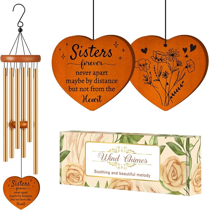 Sister Birthday Gifts Wind Chime 25.6", Sisters Forever Gift for Women | Sister in Law Gifts for Birthday, Christmas, Mothers Day, Wedding, Graduation, Ready-to-Gift Box Packaging, Garden Decor