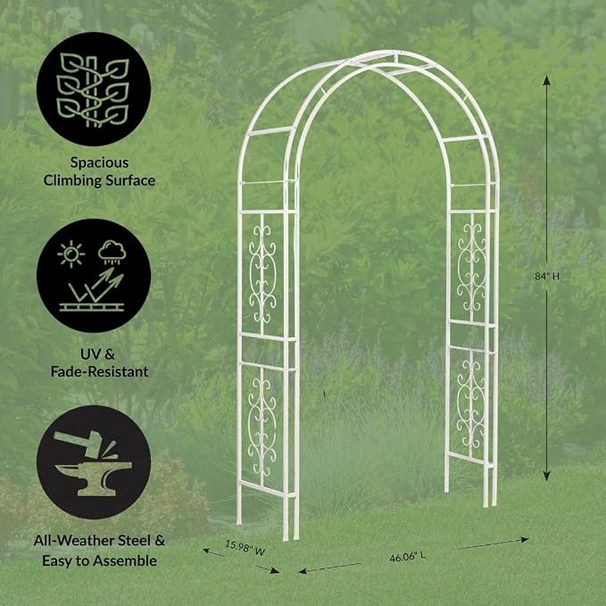 Plow & Hearth Arch Metal Outdoor Garden Arbor Montebello White, 7 Feet Tall, Iron Trellis Lattice for Climbing Plants, Wedding Arch, Outdoor Patio Décor