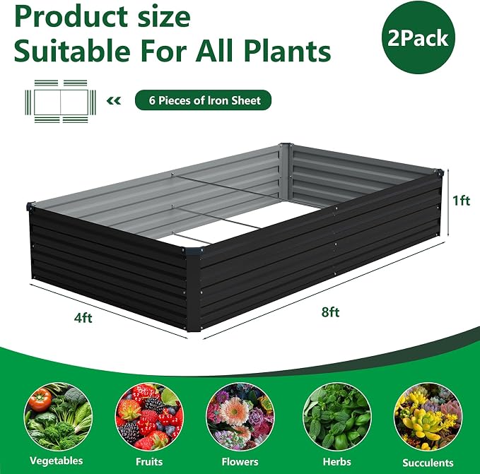 Vengarus 2PCS 8x4x1ft Galvanized Raised Garden Beds Kit,Planter Box Black | Galvanized Steel, Rectangular Metal Planter Raised Beds, Vegetables, Herbs, Flowers, Easy Assembly, Rustproof Safe Backyard
