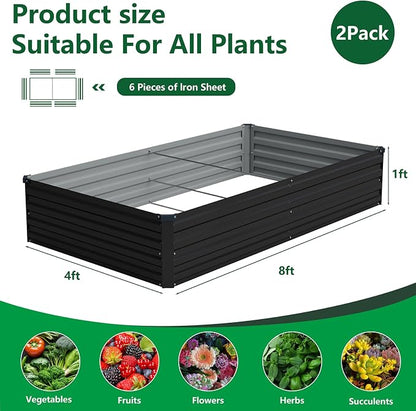 Vengarus 2PCS 8x4x1ft Galvanized Raised Garden Beds Kit,Planter Box Black | Galvanized Steel, Rectangular Metal Planter Raised Beds, Vegetables, Herbs, Flowers, Easy Assembly, Rustproof Safe Backyard