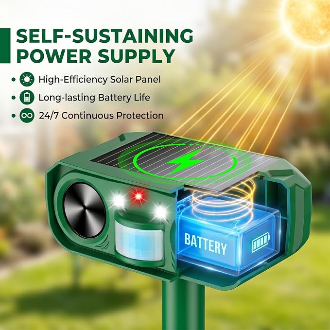 Solar Animal Repeller Outdoor, 4 Pack Ultrasonic Deterrent for Deer | Dual LED Flashing Lights, Motion Activated Deterrent, Garden,Yard&Farm Protection, 4 Pack Wider Coverage