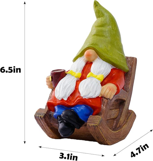 Solar Powered Relax Garden Gnome Statue, Rocking Chair Gnome 6.5“ with Glowing LED Nose & Coffee Cup, Hand Painted Resin Outdoor Indoor Decor Ornament for Patio Lawn Yard Home, Calming Novelty Gift