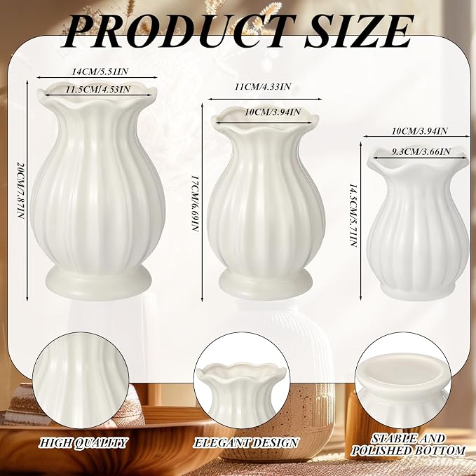 3 Pack White Ceramic Vase Set Small Rustic Decorative Vases Home Decor Wavy Edge Modern Flower Vases for Farmhouse Table Centerpiece Living Room Kitchen Bedroom (5.7,6.7,7.9in,Elegant)