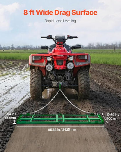 VEVOR Drag Harrow, 8 ft Heavy Duty Tow Behind Drag Harrow with Adjustable Bars & 72 in Chain, Driveway Grader Landscape Rake for ATV, UTV, Tractor, Mower Tow Behind Yard Lawn Leveling Tool