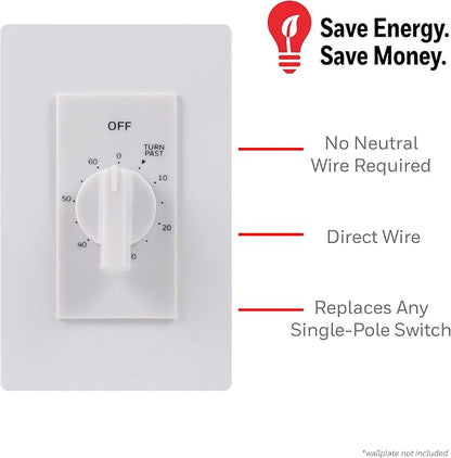 UltraPro 60-Minute In-Wall Spring Wound Countdown Timer Switch, Mechanical Timer for Lights, Bathroom & Exhaust Fans, No Neutral Wire Required, White, 41081