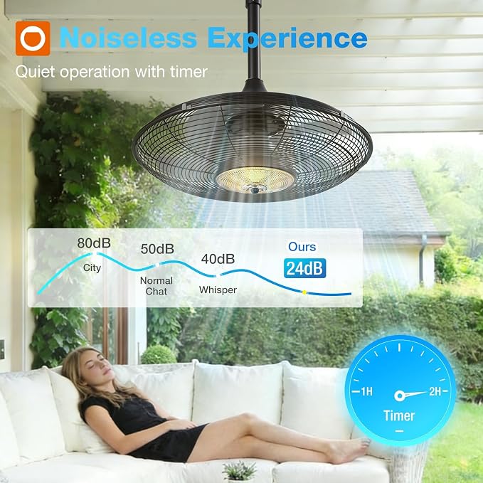 addlon Outdoor Ceiling Fan with Light for Patios, 20" IP65 Waterproof Gazebo Fan Remote&APP Control, 6 Speeds, 3CCT Dimmable, Plug in Ceiling Fan with Hook Hanging Caged Fan for Pergola Porch Canopy