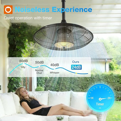 addlon Outdoor Ceiling Fan with Light for Patios, 20" IP65 Waterproof Gazebo Fan Remote&APP Control, 6 Speeds, 3CCT Dimmable, Plug in Ceiling Fan with Hook Hanging Caged Fan for Pergola Porch Canopy