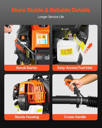 VEVOR Backpack Leaf Blower, 43CC 2-Stroke Engine Gas Powered Leaf Blower with 1.38L Fuel Tank, 447 CFM Air Volume, 150 MPH Air Speed, Ideal for Lawn Care, Leaves Cleaning, Yard Debris & Snow Removal