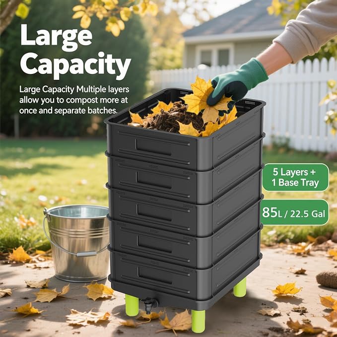 5-Layer Worm Compost Bin, 85L Worm Composter for Indoor & Outdoor, Starter Kits for Vermicomposting Starter, Garden Worm Composting Bin for Recycling Food Waste (Black)