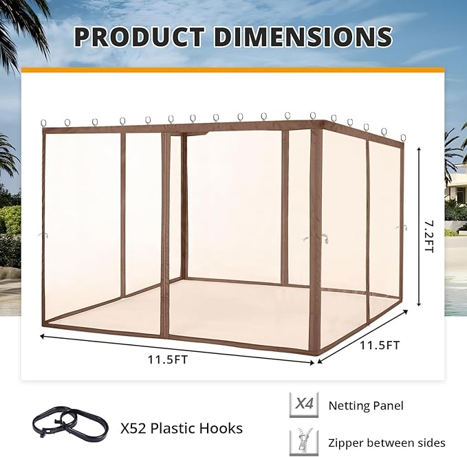 MASTERCANOPY Patio Gazebo Mosquito Netting Screen Walls (10x10, Coffee)