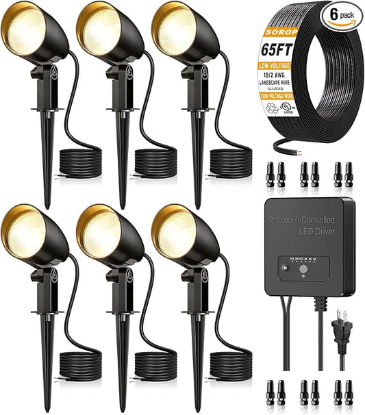 Low Voltage Landscape Lighting Kit, 20W 2700K LED Landscape Lights with Transformer 65FT Wire & Connectors, IP66 Waterproof Pathway Lights Outdoor Spotlight for Garden Yard Patio (6 Pack)