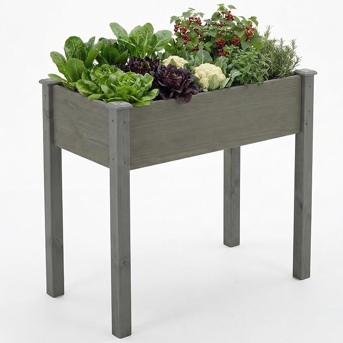 NEWBULIG Raised Garden Bed Wood 34x18x30in, Elevated Wood Planter Box Stand with Legs for Outdoors Balcony Backyard, Raised Garden Bed for Planting Herbs Flowers Vegetables, Grey