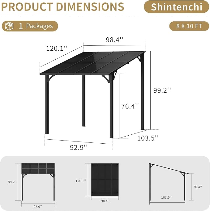 Shintenchi 10’x 8’ Gazebo for Patio on Clearance,Hard Top Lean to Gazebo Pergola with UV Protection Roof,Large Wall-Mounted Heavy Duty Awnings for Patio, Decks, Backyard and More